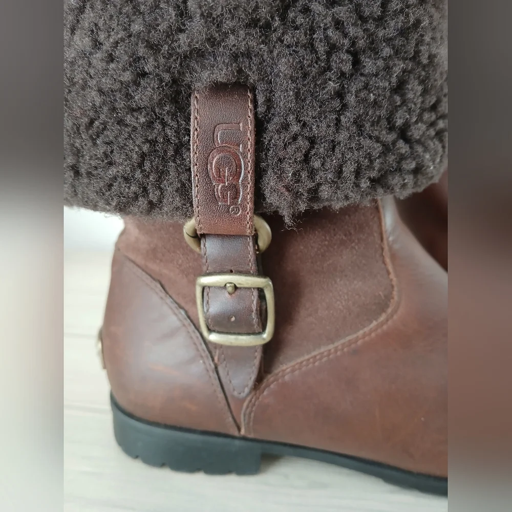 UGG Women's Brown LEATHER Bellvue Ankle Tall SHEARLING Cuff BOOTS shoes Size 8.5 - Picture 5 of 14